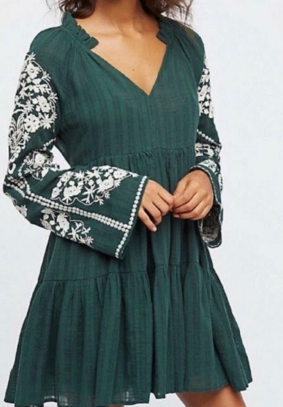 Free People Emerald City Mini Dress Embroidered Bell Sleeves Green Small